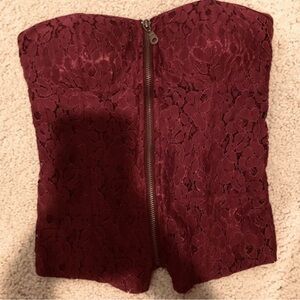 Busty Y2K Strapless Lace Bust Zip Tube Top Burgundy